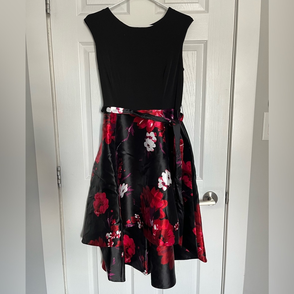 Alexa B Evening Dress | Black & Red Floral Hi-Low Dress | Size 12